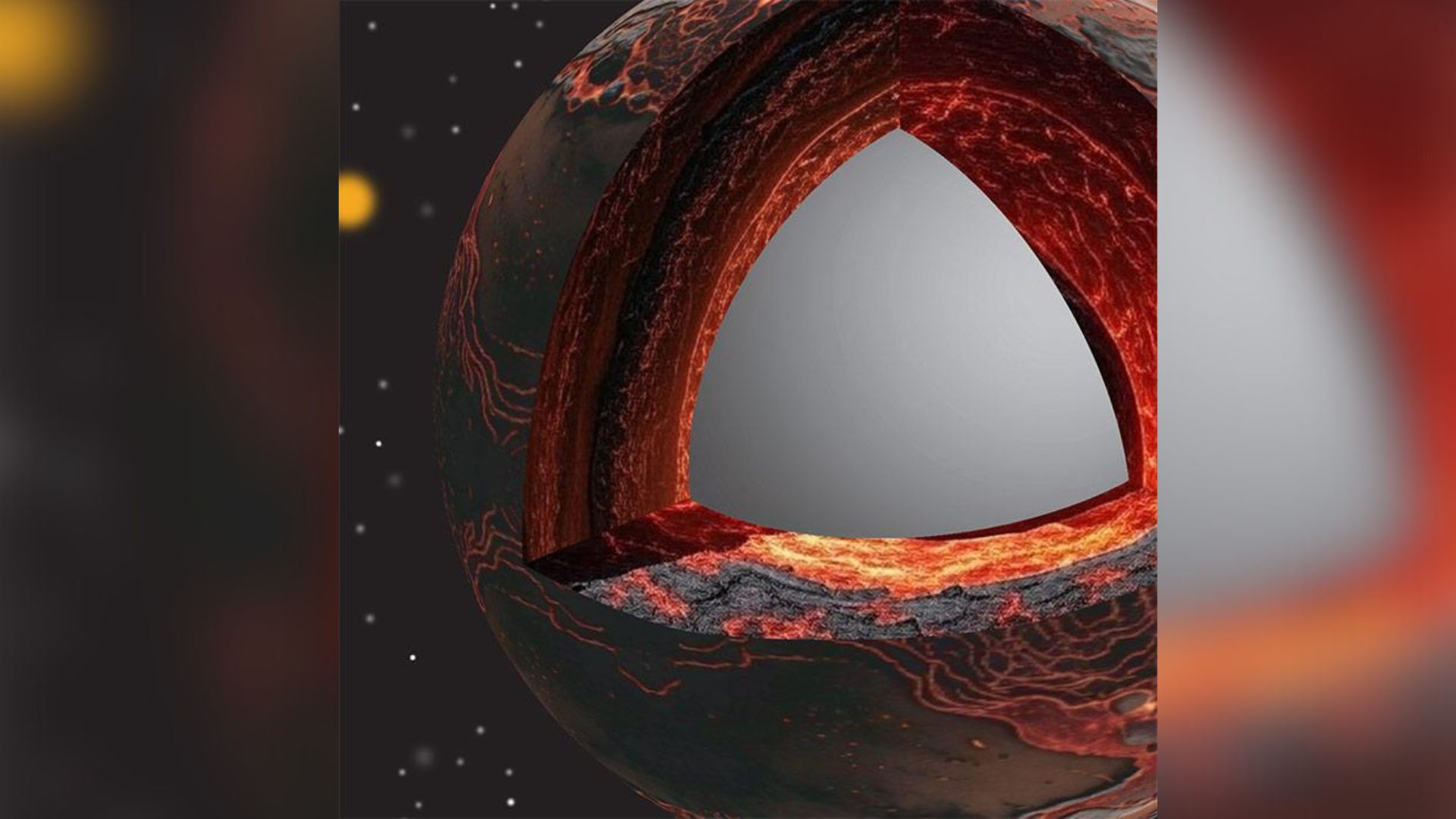 The illustration shows a cutaway revealing the interior of early Earth with a hot, melted layer above the boundary between the core and mantle. 
