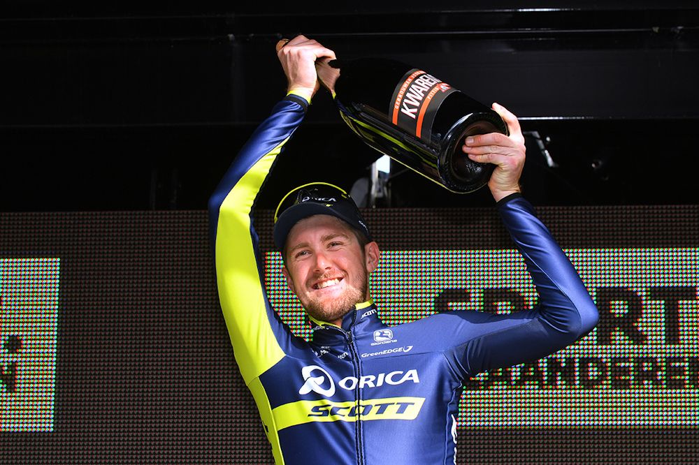 Luke Durbridge celebrates winning the final time trial at Three Days of De Panne
