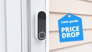 An Arlo camera on a house with a Toms Guide Price Drop tag