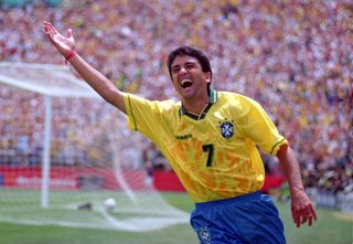 Bebeto celebrates a goal for Brazil against Cameroon at the 1994 World Cup.