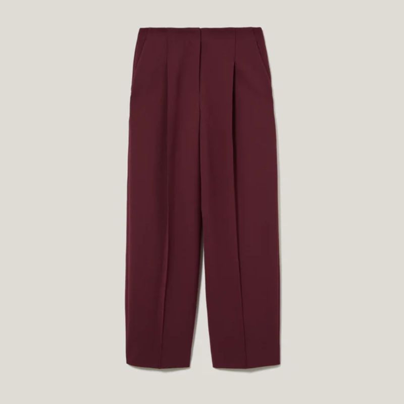 A cutout of a burgundy tailored trousers by Jigsaw