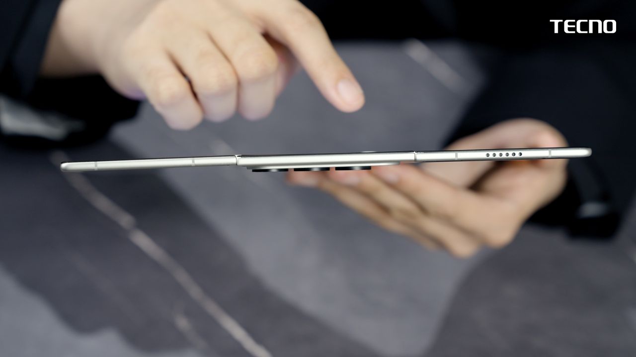 The TECNO Phantom Ultimate G Fold fully open, showing off its incredibly thin profile.
