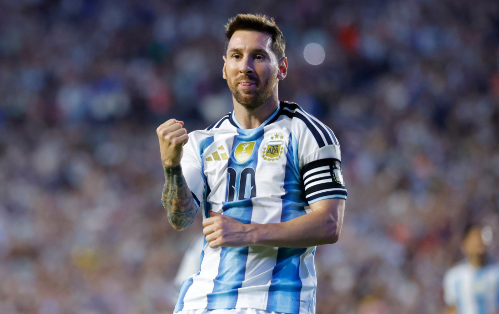 Lionel Messi of Argentina celebrates after scoring the team's second goal during the international friendly match between Argentina and Iceland at Jordan-Hare Stadium on June 09, 2026