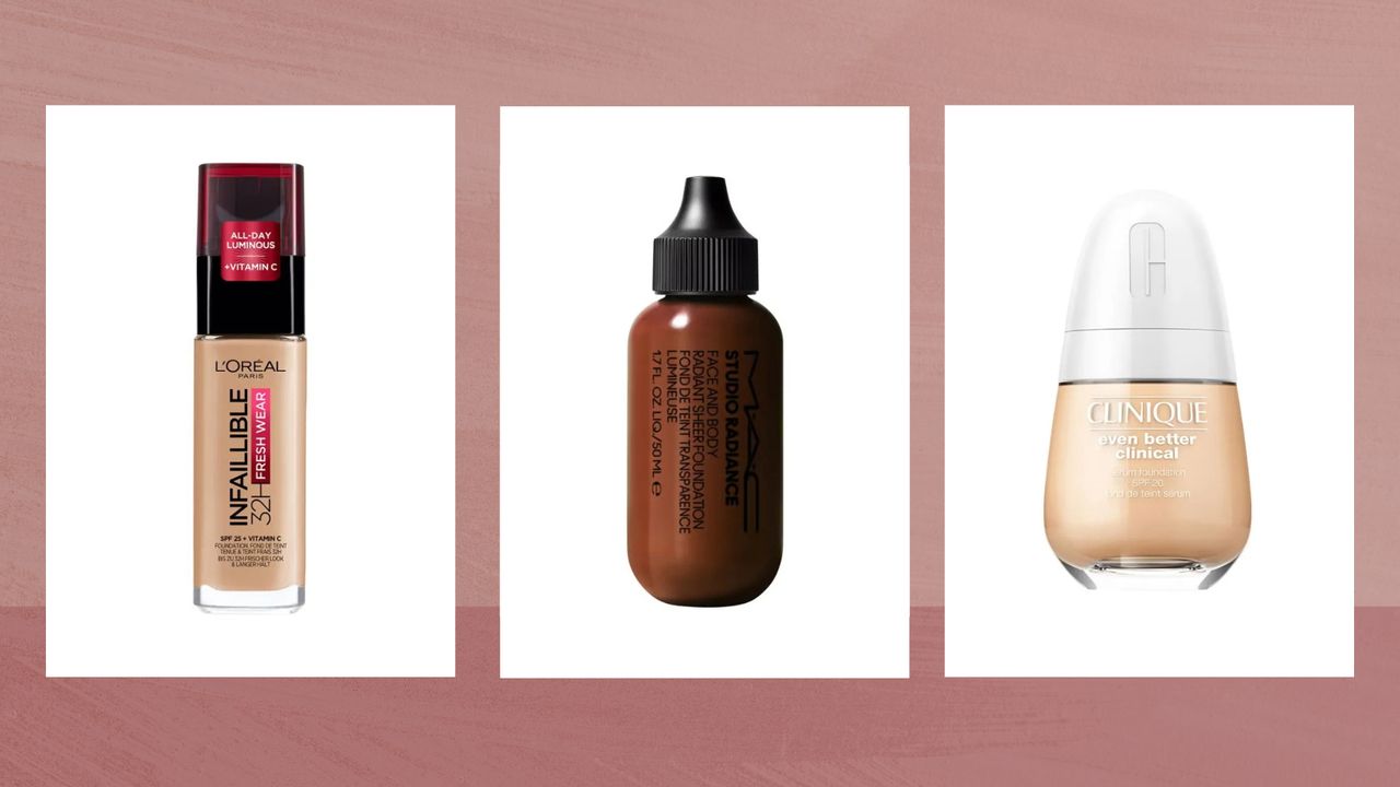 Collage of three of the best waterproof foundations featured in this guide from L&#039;Oréal Paris, MAC and Clinique, set against a dark pink watercolour-style background