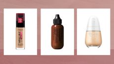 Collage of three of the best waterproof foundations featured in this guide from L'Oréal Paris, MAC and Clinique, set against a dark pink watercolour-style background