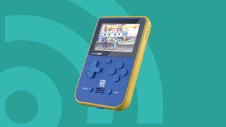 The Super Pocket handheld games console on a pale green background.