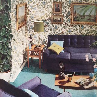1960s living room with sofa and floral wallpaper