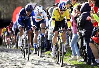 Pithie attacking the cobbles alongside eventual race winner Wout van Aert