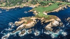 An aerial view of the 15th, 16th and 17th holes at Cypress Point Club in 1997