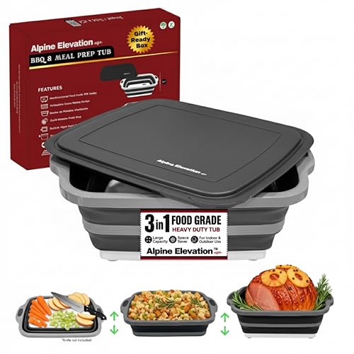 Collapsible Large (8l) Bbq Marinating Tub W/ Cutting Board | Multipurpose Food-Grade Tpe Prep Tub W/ Lid | Built-In Colander &amp;amp; Drain Plug - for Camping | Tailgate | Picnic - Slate Black