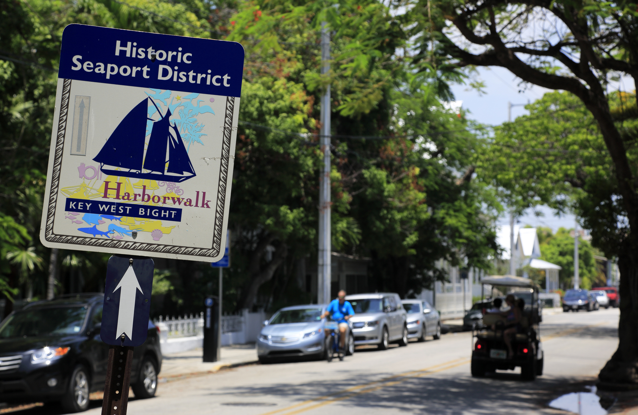 The sign of Historic Seaport District on the street near Seaport in Key West.
