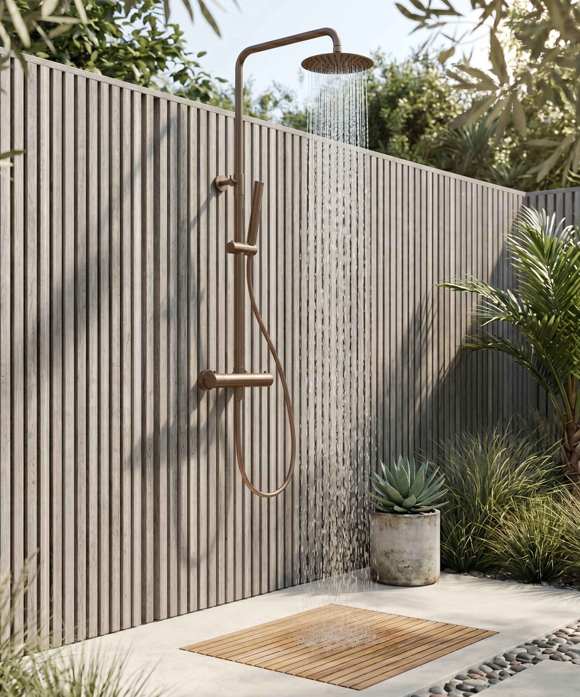 A brushed copper rainfall shower column with handheld attachment running with water, mounted on a slatted timber fence with an agave plant and teak mat below.