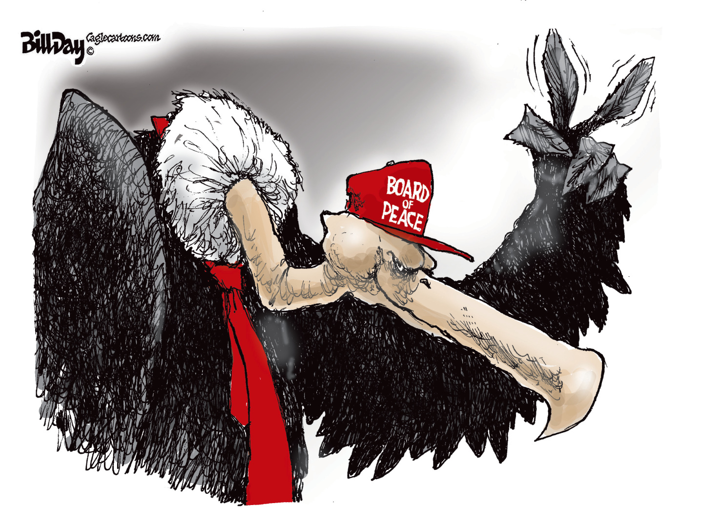 A mean, shady-eyed eagle is drawn to resemble Donald Trump and wears a hat that reads &amp;ldquo;Board of Peace.&amp;rdquo;