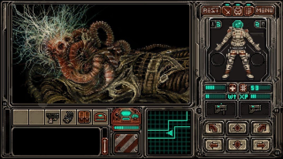 A disgusting, decomposing body in a spacesuit with worms and fungus emerging from it.