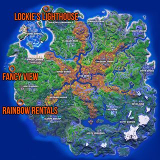 Fortnite Fancy View, Rainbow Rentals, and Lockie's Lighthouse locations map
