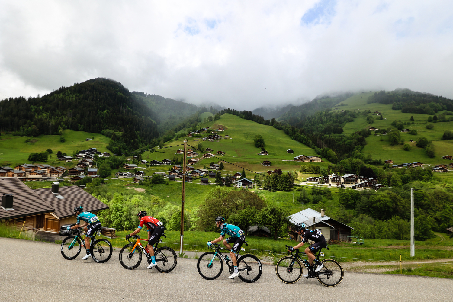 The breakaway group climbs the ascent to La Plagne during Stage 7 of the 2021 Critérium du Dauphiné - it will feature in the 2025 Tour de France