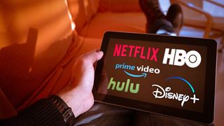 Closeup of tablet with Netflix, Prime Video, Hulu, HBO, and Disney Plus logos