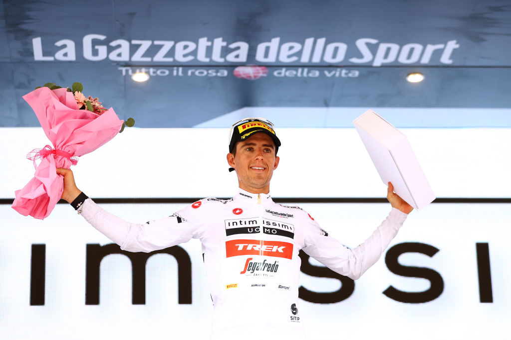 TREVISO ITALY MAY 26 Juan Pedro Lpez of Spain and Team Trek Segafredo celebrates winning the white best young jersey on the podium ceremony after the 105th Giro dItalia 2022 Stage 18 a 156km stage from Borgo Valsugana to Treviso Giro WorldTour on May 26 2022 in Treviso Italy Photo by Michael SteeleGetty Images