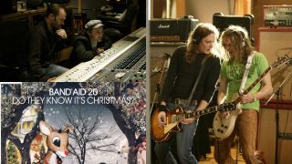 Nigel Godrich and Fran Healy working on Band Aid 20, with The Darkness recording a guitar solo for the track.