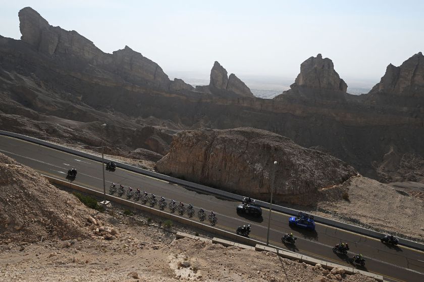 JEBEL HAFEET, UNITED ARAB EMIRATES - FEBRUARY 23: Tadej Pogacar of Slovenia and UAE Team Emirates - Red Leader Jersey, Giulio Ciccone of Italy and Team Lidl-Trek, Oscar Onley of The United Kingdom and Team Picnic PostNL, Finn Fisher-Black of New Zealand and Team Red Bull - Bora - Hansgrohe, Pello Bilbao Lopez De Armentia of Spain and Team Bahrain Victorious, Pablo Castrillo Zapater of Spain and Team Movistar Team, Ivan Romeo Abad of Spain and Team Movistar Team, Ramses Debruyne of Belgium and Team Alpecin-Deceuninck, Patrick Konrad of Austria and Team Lidl-Trek, William Junior Lecerf of Belgium and Team Soudal Quick-Step and Harold Alfonso Tejada Canacue of Colombia and XDS Astana Team compete in the breakaway during the 7th UAE Tour, Stage 7 a 176km stage from Al Ain Hazza Bin Zayed Stadium to Jebel Hafeet 1031m / #UCIWWT / on February 23, 2025 in Jebel Hafeet, United Arab Emirates. (Photo by Dario Belingheri/Getty Images)