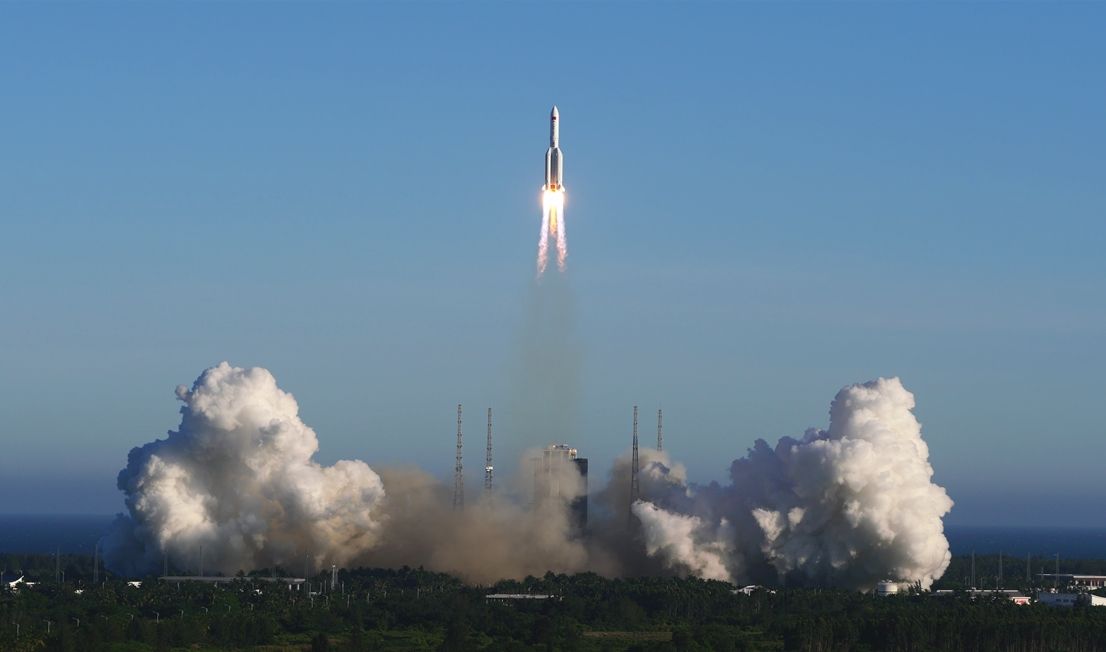 China's first Long March 5B rocket launches the country's next-generation space capsule into orbit on an uncrewed test flight from Wenchang Space Launch Center on Hainan Island in southern China on May 5, 2020.