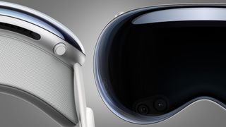 The top and front of the Apple Vision Pro headset on a grey background