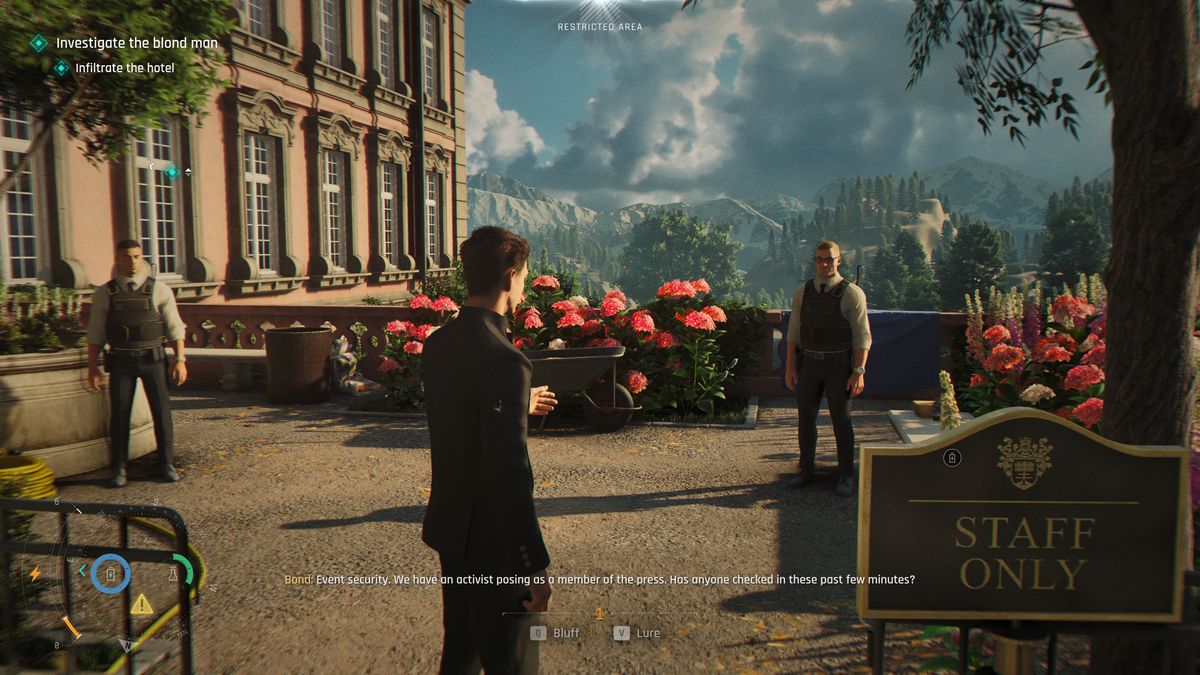007 First Light - James bluffs his way past two guards by claiming to be event security.