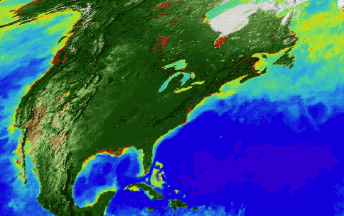 Vegetation in North America wakes up in the spring, captured here as a change from pale green to dark green as photosynthesis ramps up with the season. White areas are covered in snow.