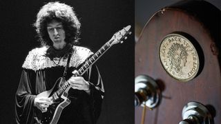 LEFT: Brian May performs on stage on the 'Queen II' tour, Rainbow Theatre, London, 31 March 1974. RIGHT: The custom "Maydusa" sixpence tribute coin May has glued to the headstock of his Red Special. The coin symbolizes his use of the sixpence as a guitar pick. The legend on it reads "Brian May: Back to the Light."
