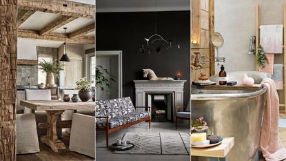 Three images of houses featuring reclaimed items from rustic beams to a fireplace and a freestanding bath