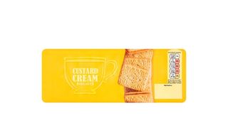 A pack of Tesco custard cream biscuits