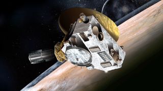 an illustration of the New Horizons spacecraft flying past Pluto