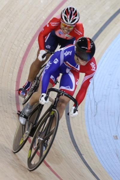 Pendleton leads Wai Sze Lee in the penultimate bend in the bronze medal final