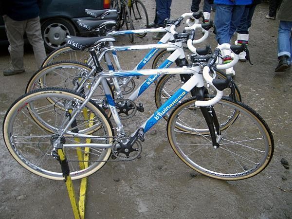 The B'Twins from the drive side - check out the strange, wavy, almost rear facing forks.