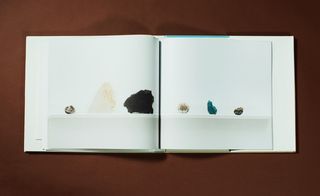 A double page in the book featuring six different sized rocks.