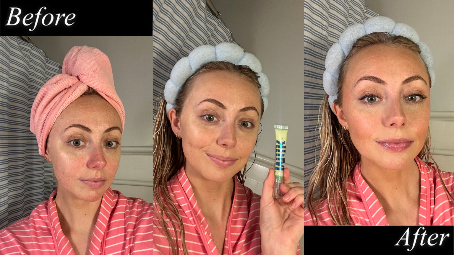 Girl in a striped pink robe and a pink hair towel and a blue headband applies milk makeup eye primer that's in a green tube