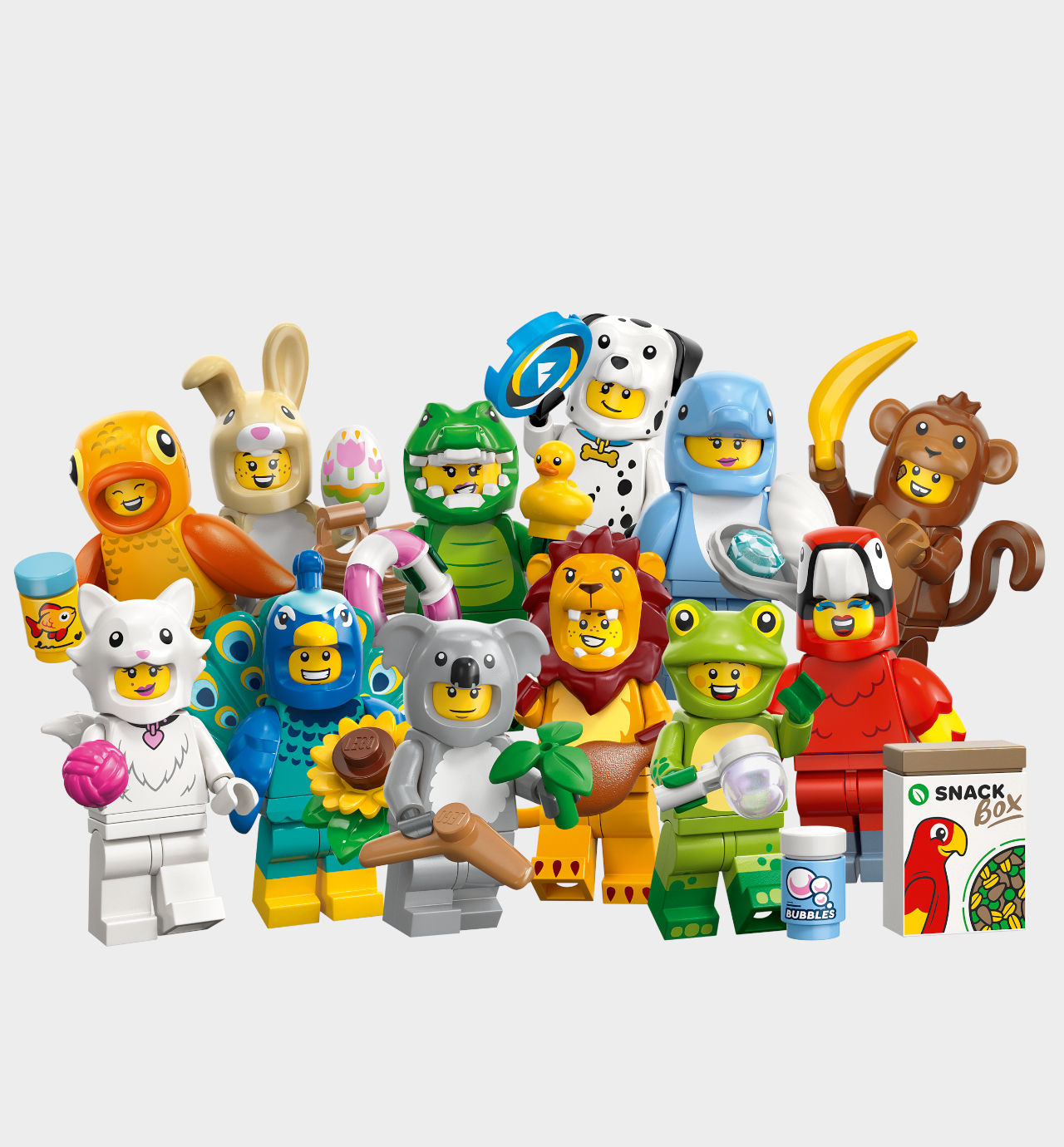 Lego Animal Series minifigures on a plain background