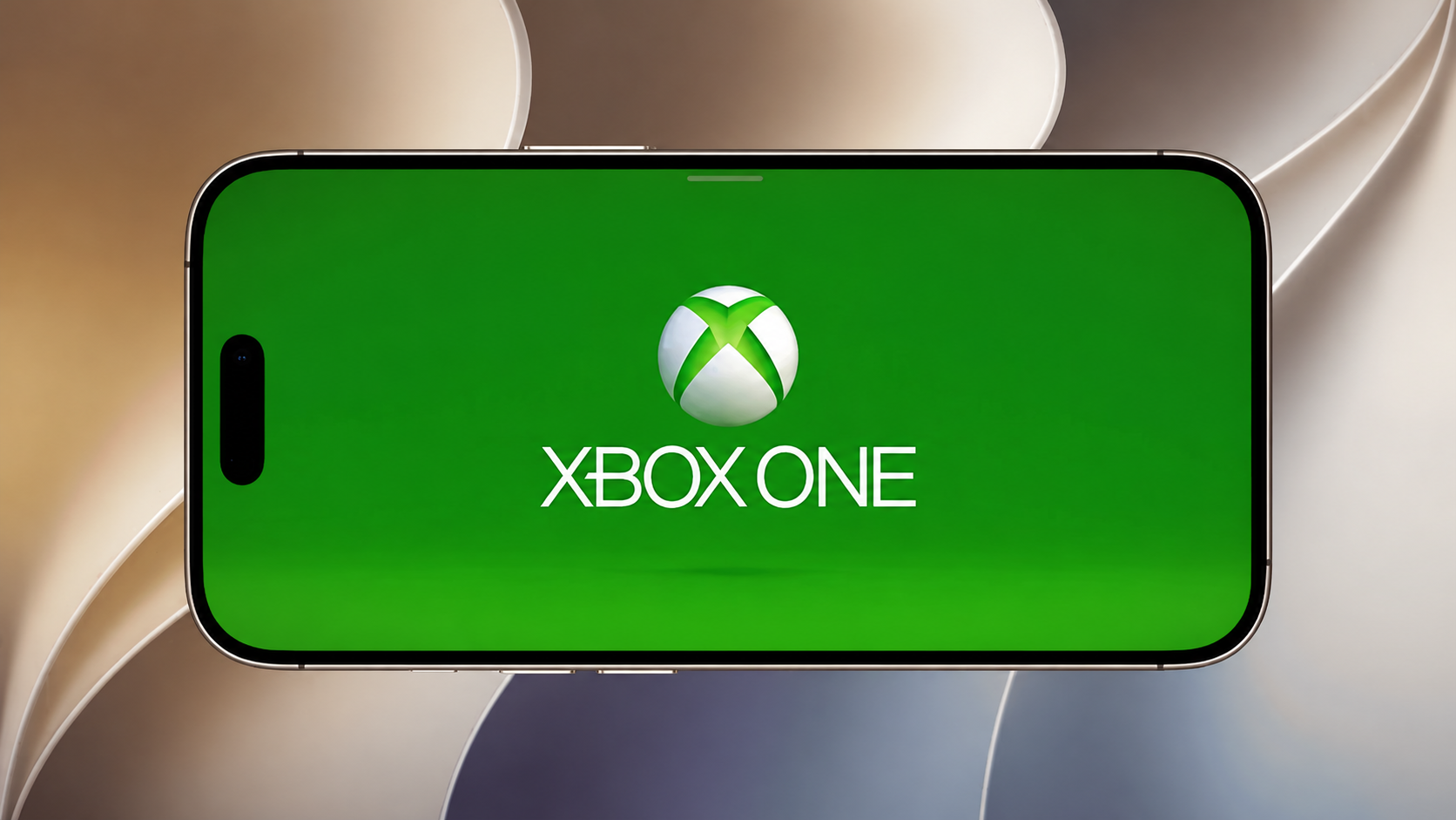 An iPhone displaying the Xbox One logo on a green screen, illustrating Xbox One games running on iOS.
