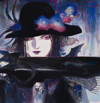 A painting shows a woman wearing a black hat and holding a massive gun in front of her face.