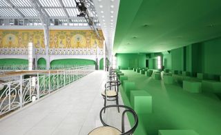 Green seating area with green walls and green stalls