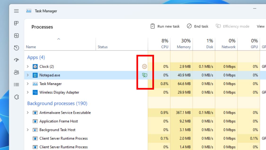 A screenshot of the new Windows 11 task manager with Efficiency Mode labels