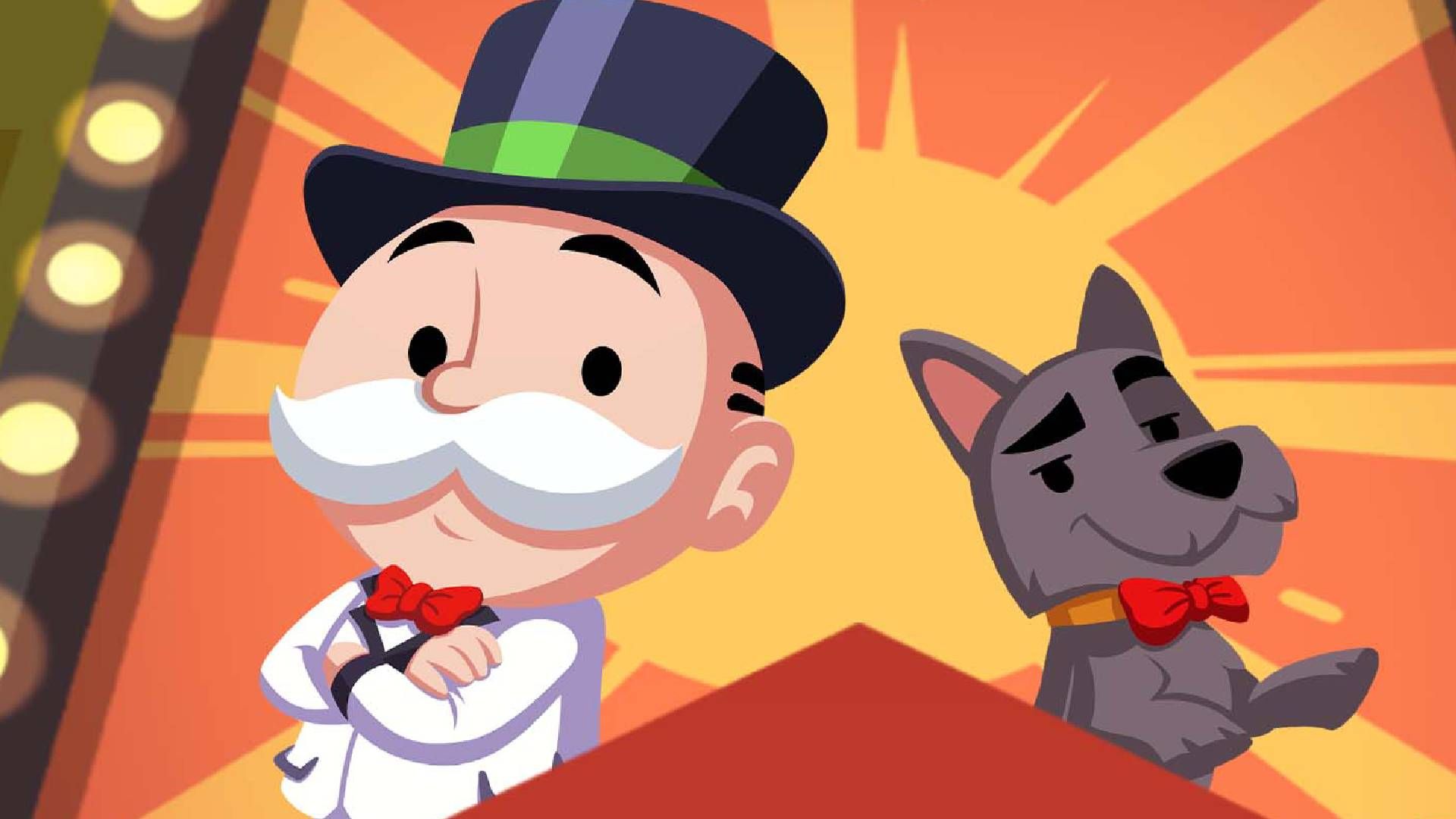 Monopoly Go image with Monopoly man and dog against an orange background
