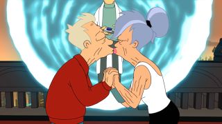 Old Fry and Leela kiss in front of an open temporal portal in Futurama.