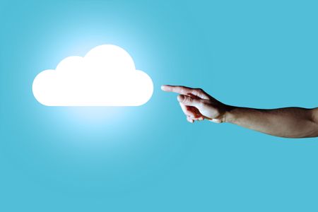 Blue sky with a single illuminated cloud. Also a man's hand reaching from right of frame pointing at the cloud
