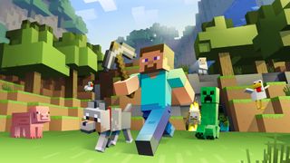 Eine Handvoll Minecraft-Figuren, die in einem Wald spazieren gehen