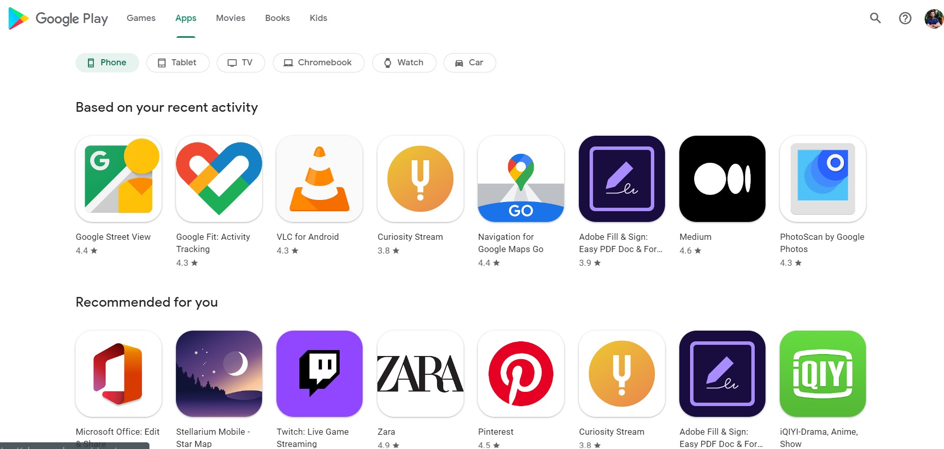Google Play Store's new apps tab on desktop