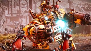 Armored warriors surround a massive orange battle mech in a ruined landscape, its blue energy weapon flaring amid the tense, chaotic sci-fi battle scene.