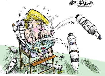 Political cartoon U.S. Trump crybaby missiles