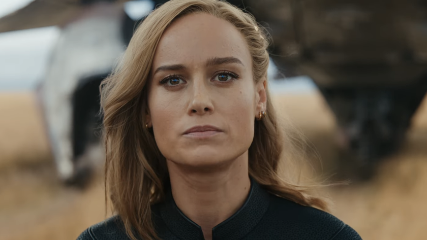 Brie Larson staring straight into the camera in a scene from The Marvels