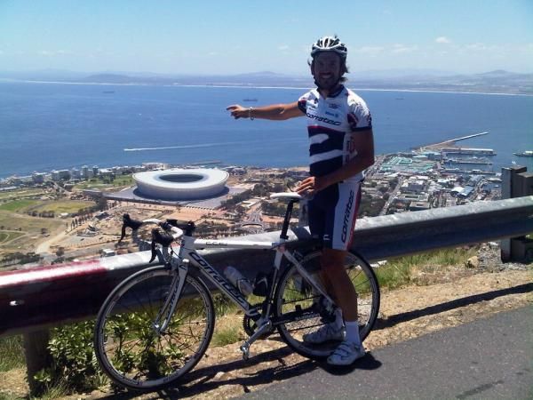 Ren&eacute; Haselbacher points to Cape Town's stadium for the 2010 football World Cup